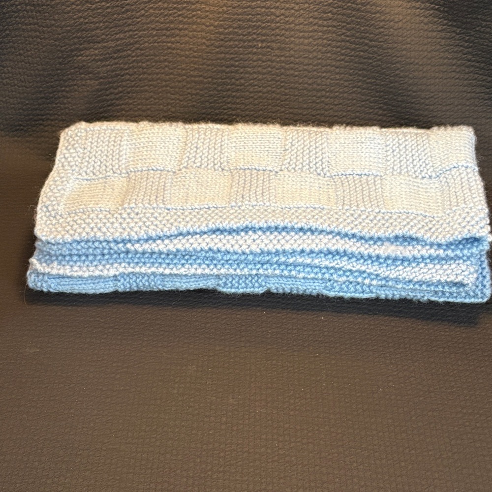 Hand-Knit Baby Blanket in Light Blue. 36” x 36”. Soft and cozy!